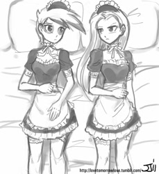 Size: 914x1000 | Tagged: safe, artist:johnjoseco, character:gilda, character:pinkamena diane pie, character:pinkie pie, species:human, bed, clothing, duo, duo female, female, grayscale, humanized, looking at each other, maid, monochrome, on back, pillow