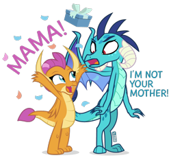 Size: 900x840 | Tagged: safe, artist:dm29, character:princess ember, character:smolder, species:dragon, confetti, dialogue, dragoness, duo, female, happy, implied adoption, implied mother and daughter, looking at each other, mother's day, open mouth, present, simple background, smiling, transparent background
