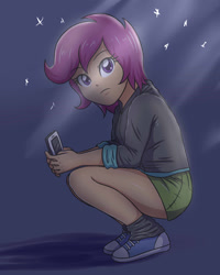 Size: 1024x1280 | Tagged: safe, artist:sumin6301, character:scootaloo, species:pegasus, species:pony, my little pony:equestria girls, beautiful, clothing, converse, cute, female, hoodie, iphone, legs, miniskirt, shoes, skirt, skirtaloo, socks, squatting, thighs