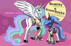 Size: 1320x854 | Tagged: safe, artist:johnjoseco, character:princess celestia, character:princess luna, species:alicorn, species:pony, g4, crossover, demon sisters, female, kneesocks, mare, panty and stocking with garterbelt, photoshop, s1 luna, scanty, underhoof