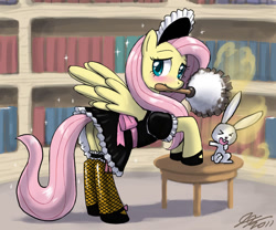 Size: 1200x1000 | Tagged: safe, artist:johnjoseco, character:angel bunny, character:fluttershy, species:pegasus, species:pony, g4, blushing, clothing, dust, duster, female, fishnets, fluttermaid, maid, mare, mouth hold, photoshop, plot, signature, three quarter view