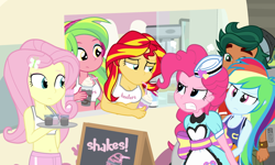 Size: 1000x600 | Tagged: safe, artist:dm29, character:fluttershy, character:lemon zest, character:pinkie pie, character:rainbow dash, character:sunset shimmer, character:timber spruce, episode:coinky-dink world, eqg summertime shorts, g4, my little pony: equestria girls, my little pony:equestria girls, belly button, breasts, hooters, midriff, milkshake, server pinkie pie, smug, smugset shimmer