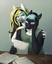 Size: 2327x2897 | Tagged: safe, artist:askbubblelee, oc, oc only, oc:golden delicious, oc:mako, species:anthro, species:earth pony, species:pony, anthro oc, clothing, ear piercing, female, hybrid, lipstick, male, mare, nail polish, orca pony, original species, paper, piercing, simple background, sitting, smiling, stallion, story in the source, tattoo, uncomfortable, uneasy