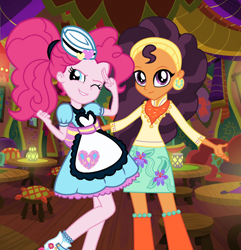 Size: 1036x1076 | Tagged: safe, artist:3d4d, artist:cloudyglow, artist:gihhbloonde, character:pinkie pie, character:saffron masala, ship:saffronpie, my little pony:equestria girls, equestria girls-ified, female, lesbian, server pinkie pie, shipping, the tasty treat