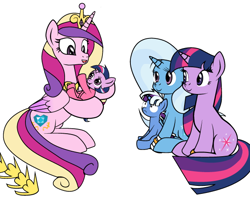 Size: 600x474 | Tagged: safe, artist:dekomaru, edit, character:princess cadance, character:trixie, character:twilight sparkle, parent:trixie, parent:twilight sparkle, parents:twixie, species:alicorn, species:pony, species:unicorn, ship:twixie, tumblr:ask twixie, ask, female, lesbian, magical lesbian spawn, offspring, shipping, tumblr