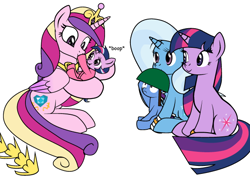 Size: 600x428 | Tagged: safe, artist:dekomaru, edit, character:princess cadance, character:trixie, character:twilight sparkle, character:twilight sparkle (unicorn), parent:trixie, parent:twilight sparkle, parents:twixie, species:alicorn, species:pony, species:unicorn, ship:twixie, tumblr:ask twixie, ask, boop, bracelet, c:, cropped, cute, eye contact, female, filly, foal, frown, helmet, holding a pony, hug, jewelry, lesbian, looking at each other, magical lesbian spawn, mare, offspring, shipping, simple background, sitting, smiling, tactical boop incoming!, tumblr, white background, wide eyes
