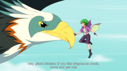 Size: 1280x720 | Tagged: safe, artist:jonfawkes, character:spike, species:bird, species:human, species:roc, episode:molt down, g4, my little pony: friendship is magic, anime, clothing, dialogue, fingerless gloves, gloves, humanized, scene interpretation, size difference, winged humanization, winged spike, wings