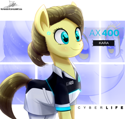 Size: 1120x1060 | Tagged: safe, artist:the-butch-x, species:earth pony, species:pony, abstract background, android, ax400, commission, crossover, detroit: become human, female, gynoid, hair bun, kara, mare, ponified, robot, robot pony, smiling, solo