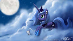 Size: 2400x1350 | Tagged: safe, artist:johnjoseco, character:princess luna, species:alicorn, species:pony, artifact, cloud, cloudy, cutie mark, earbuds, female, full moon, grin, hooves, horn, ipod, jewelry, lying on a cloud, mare, moon, mp3 player, night, night sky, on a cloud, photoshop, prone, regalia, s1 luna, sky, smiling, solo, stars, tiara, wallpaper, wings