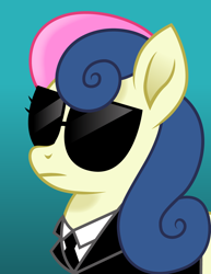 Size: 800x1036 | Tagged: safe, artist:cloudyglow, character:bon bon, character:sweetie drops, species:earth pony, species:pony, bon bond, bust, clothing, female, glasses, gradient background, movie accurate, portrait, solo, special agent, suit, sunglasses
