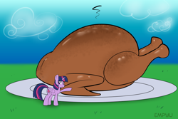 Size: 1000x667 | Tagged: safe, artist:empyu, character:twilight sparkle, character:twilight sparkle (alicorn), species:alicorn, species:bird, species:pony, species:roc, episode:molt down, g4, my little pony: friendship is magic, cooked, dish, female, food, mare, pointing, smiling, solo