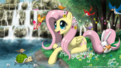 Size: 2400x1350 | Tagged: safe, artist:johnjoseco, character:angel bunny, character:derpy hooves, character:dinky hooves, character:fluttershy, species:bird, species:pegasus, species:pony, g4, butterfly, carrot, female, flower, flower in hair, flower patch, mare, photoshop, prone, scenery, solo focus, tail pillow, turtle, wallpaper, water, waterfall
