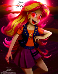 Size: 1020x1300 | Tagged: safe, artist:the-butch-x, character:sunset shimmer, species:bat, g4, my little pony: equestria girls, my little pony:equestria girls, beautiful, blood moon, clothing, evil grin, fangs, glowing eyes, grin, jacket, leather jacket, looking at you, moon, open mouth, red eyes, signature, skirt, smiling, style emulation, vampire, vampire shimmer
