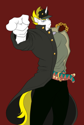Size: 1984x2932 | Tagged: safe, artist:marauder6272, artist:pacificside18, oc, oc only, oc:white heart, species:anthro, anime, belt, belts, chains, clothing, coat, costume, jojo's bizarre adventure, jotaro kujo, looking at you, not bulk biceps, pants, pointing, pointing at you, red background, simple background