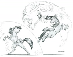 Size: 1400x1098 | Tagged: safe, artist:baron engel, character:fhtng th§ ¿nsp§kbl, character:oleander, character:twilight sparkle, character:twilight sparkle (unicorn), species:classical unicorn, species:pony, species:unicorn, them's fightin' herds, cloven hooves, crossover, demon, duo, female, fight, grayscale, leonine tail, looking at each other, mare, monochrome, pencil drawing, realistic horse legs, simple background, sketch, traditional art, unshorn fetlocks, white background