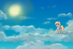 Size: 1000x667 | Tagged: safe, artist:empyu, character:derpy hooves, species:pegasus, species:pony, 30 minute art challenge, :i, cloud, cute, derpabetes, female, hooves, looking at you, mare, on a cloud, sky, solo, standing on a cloud, sun, wings