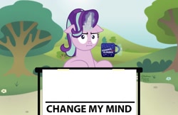 Size: 1024x662 | Tagged: safe, artist:aleximusprime, edit, character:starlight glimmer, species:pony, species:unicorn, episode:marks for effort, g4, my little pony: friendship is magic, :i, change my mind, coffee mug, crossing the memes, exploitable meme, female, floppy ears, i mean i see, looking at you, magic, mare, meme, mug, obligatory pony, solo, steven crowder, telekinesis, template, tree
