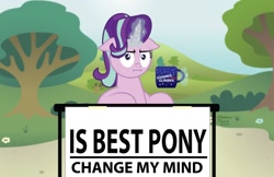 Size: 1024x662 | Tagged: safe, artist:aleximusprime, edit, character:starlight glimmer, species:pony, species:unicorn, episode:marks for effort, g4, my little pony: friendship is magic, :i, best pony, change my mind, coffee mug, crossing the memes, female, floppy ears, i mean i see, looking at you, magic, mare, meme, meme template, mug, solo, steven crowder, telekinesis, tree