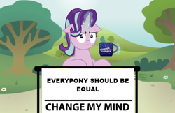 Size: 1024x662 | Tagged: safe, artist:aleximusprime, edit, character:starlight glimmer, episode:marks for effort, g4, my little pony: friendship is magic, :i, change my mind, coffee mug, crossing the memes, equality, exploitable meme, faec, female, glowing horn, i mean i see, image macro, magic, meme, mug, solo, steven crowder, telekinesis