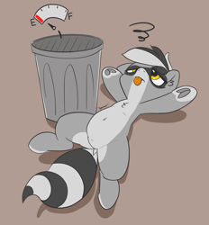 Size: 1498x1611 | Tagged: safe, artist:pabbley, oc, oc only, oc:bandy cyoot, species:pony, belly, belly button, chest fluff, derp, female, hungry, lying down, mare, raccoon pony, simple background, spread legs, spreading, tongue out, trash can