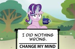 Size: 1024x662 | Tagged: safe, artist:aleximusprime, edit, character:starlight glimmer, species:pony, species:unicorn, episode:marks for effort, g4, my little pony: friendship is magic, :i, change my mind, coffee mug, crossing the memes, exploitable meme, female, floppy ears, i mean i see, looking at you, magic, mare, meme, mug, obligatory pony, solo, steven crowder, telekinesis, tree
