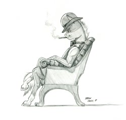 Size: 1100x1042 | Tagged: safe, artist:baron engel, oc, oc:heartbreaker, species:anthro, species:unguligrade anthro, bench, cigarette, clothing, grayscale, hat, monochrome, pencil drawing, simple background, sitting, smoking, solo, story in the source, traditional art, white background