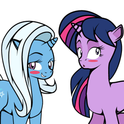 Size: 424x422 | Tagged: safe, artist:dekomaru, edit, character:trixie, character:twilight sparkle, species:pony, species:unicorn, ship:twixie, blushing, cropped, female, lesbian, mare, open mouth, shipping, simple background, smiling, white background