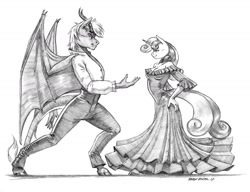 Size: 1400x1076 | Tagged: safe, artist:baron engel, character:sweetie belle, oc, species:anthro, species:dragon, species:pony, species:unicorn, anthro oc, canon x oc, clothing, dancing, dress, female, flamenco, grayscale, looking at each other, male, mare, monochrome, older, older sweetie belle, pants, pencil drawing, shirt, simple background, smiling, straight, traditional art, white background