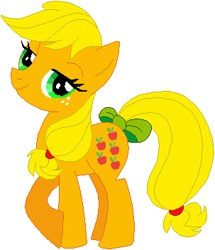Size: 303x352 | Tagged: safe, artist:jeatz-axl, artist:selenaede, artist:user15432, character:applejack (g1), species:earth pony, species:pony, g1, g4, bow, female, g1 to g4, generation leap, lidded eyes, mare, simple background, solo, stock vector, tail bow, white background
