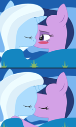 Size: 318x530 | Tagged: safe, artist:dekomaru, edit, character:trixie, character:twilight sparkle, species:pony, species:unicorn, ship:twixie, bed, blushing, female, kissing, lesbian, shipping