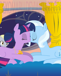 Size: 268x332 | Tagged: safe, artist:dekomaru, edit, character:derpy hooves, character:trixie, character:twilight sparkle, species:pegasus, species:pony, species:unicorn, ship:twixie, cropped, female, golden oaks library, kissing, lesbian, shipping