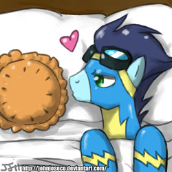 Size: 900x900 | Tagged: safe, artist:johnjoseco, character:soarin', species:pegasus, species:pony, bed, cargo ship, crack shipping, goggles, heart, kissing, male, morning ponies, on back, photoshop, pie, shipping, stallion, that pony sure does love pies, wonderbolts uniform