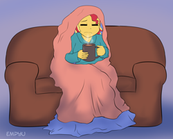 Size: 1000x800 | Tagged: safe, artist:empyu, character:sunset shimmer, my little pony:equestria girls, 30 minute art challenge, blanket, chocolate, couch, eyes closed, female, food, hot chocolate, mug, sitting, solo