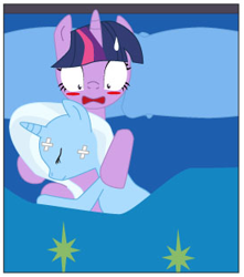 Size: 276x312 | Tagged: safe, artist:dekomaru, edit, character:trixie, character:twilight sparkle, species:pony, species:unicorn, ship:twixie, bandage, bed, blushing, cropped, female, lesbian, shipping, sweat