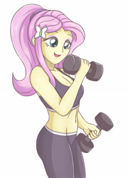Size: 2338x3248 | Tagged: safe, artist:sumin6301, character:fluttershy, my little pony:equestria girls, alternate hairstyle, belly, belly button, breasts, clothing, dumbbell (object), female, leggings, midriff, ponytail, simple background, smiling, solo, sports bra, weight lifting, white background, workout, workout outfit