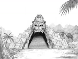 Size: 1400x1071 | Tagged: safe, artist:baron engel, episode:read it and weep, g4, my little pony: friendship is magic, architecture, grayscale, jungle, monochrome, no pony, pencil drawing, sketch, stairs, temple, traditional art, tree
