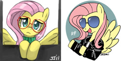 Size: 1200x600 | Tagged: safe, artist:johnjoseco, character:fluttershy, species:pegasus, species:pony, clothing, crossover, female, glasses, happy days, leather jacket, mare, meganekko, photoshop, sweater, sweatershy, the fonz