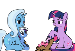 Size: 601x409 | Tagged: safe, artist:dekomaru, edit, character:trixie, character:twilight sparkle, oc, oc:aurora, oc:nebula, parent:trixie, parent:twilight sparkle, parents:twixie, species:pony, species:unicorn, ship:twixie, tumblr:ask twixie, ask, baby, baby pony, colt, cropped, family, female, filly, lesbian, magical lesbian spawn, male, offspring, shipping, simple background, tumblr, white background