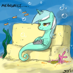 Size: 600x600 | Tagged: safe, artist:johnjoseco, character:lyra heartstrings, species:sea pony, g4, 2011, artifact, background pony, female, fish, meanwhile, photoshop, seahorse, seapony lyra, sitting, solo, underwater
