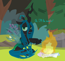 Size: 920x870 | Tagged: safe, artist:dm29, character:queen chrysalis, species:changeling, episode:the mean 6, g4, my little pony: friendship is magic, campfire, changeling queen, clone six, dead, dialogue, digital art, female, fire, firewood, implied death, mane sticks, solo, the implications are horrible, twilog, wood