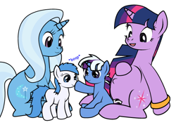 Size: 620x442 | Tagged: safe, artist:dekomaru, edit, character:trixie, character:twilight sparkle, oc, oc:flipsy, oc:nebula, parent:trixie, parent:twilight sparkle, parents:twixie, species:earth pony, species:pony, species:unicorn, ship:twixie, tumblr:ask twixie, ask, cropped, female, lesbian, magical lesbian spawn, offspring, pregnant, shipping, tumblr