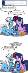 Size: 457x1200 | Tagged: safe, artist:dekomaru, character:trixie, character:twilight sparkle, oc, oc:nebula, parent:trixie, parent:twilight sparkle, parents:twixie, species:pony, species:unicorn, ship:twixie, tumblr:ask twixie, ask, baby, baby pony, blocks, colt, comic, family, female, lesbian, magical lesbian spawn, male, offspring, shipping, simple background, tumblr, white background