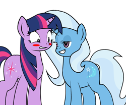 Size: 600x499 | Tagged: safe, artist:dekomaru, edit, character:trixie, character:twilight sparkle, species:pony, species:unicorn, ship:twixie, tumblr:ask twixie, ask, blushing, cropped, female, lesbian, shipping, tumblr