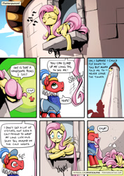 Size: 955x1351 | Tagged: safe, artist:mysticalpha, character:big mcintosh, character:fluttershy, species:earth pony, species:pegasus, species:pony, ship:fluttermac, g4, clothing, comic, crash landing, crossover, dialogue, dock, duo, english, faceplant, falling, female, flutterbutt, hat, heart, humor, impossibly long tail, long tail, lying down, male, mare, mouth hold, onomatopoeia, plot, pulling, rapunzel, shipping, singing, sitting, speech bubble, stallion, standing, straight, tail, tail pull, tower