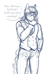 Size: 1947x2685 | Tagged: safe, artist:askbubblelee, oc, oc only, oc:walter nutt, species:anthro, species:earth pony, species:pony, anthro oc, beard, clothing, dialogue, facial hair, glasses, male, monochrome, necktie, pants, shirt, simple background, sketch, smiling, solo, stallion, vest