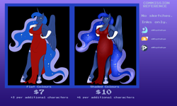 Size: 5000x3000 | Tagged: safe, artist:marauder6272, artist:xwhyohwhyx, character:princess luna, species:anthro, species:unguligrade anthro, clothing, commission info, dress, female, solo