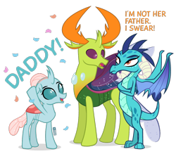 Size: 1000x875 | Tagged: safe, artist:dm29, character:ocellus, character:princess ember, character:thorax, species:changeling, species:dragon, species:reformed changeling, confetti, crossed arms, dragoness, father's day, female, implied embrax, implied father and daughter, male, papa thorax, simple background, transparent background, trio, trocellus