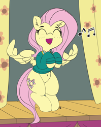 Size: 3674x4627 | Tagged: safe, artist:pabbley, edit, character:fluttershy, species:pegasus, species:pony, episode:filli vanilli, g4, my little pony: friendship is magic, 30 minute art challenge, belly button, clothing, color edit, colored, cute, eyes closed, female, flat colors, mare, music notes, ponytones, shyabetes, singing, solo, sweater