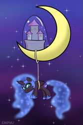 Size: 667x1000 | Tagged: safe, artist:empyu, character:nightmare moon, character:princess luna, species:alicorn, species:pony, 45 minute art challenge, chibi, crescent moon, cute, female, mare, mini, moon, night, pouting, sky, solo, stars, tangible heavenly object