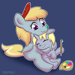 Size: 1000x1000 | Tagged: safe, artist:empyu, character:chirpy hooves, character:dipsy hooves, species:pegasus, species:pony, species:unicorn, awww, brother and sister, chirpabetes, chirpy hooves, colt, cuddling, cute, feather, female, filly, hug, male, paintbrush, quill, smiling